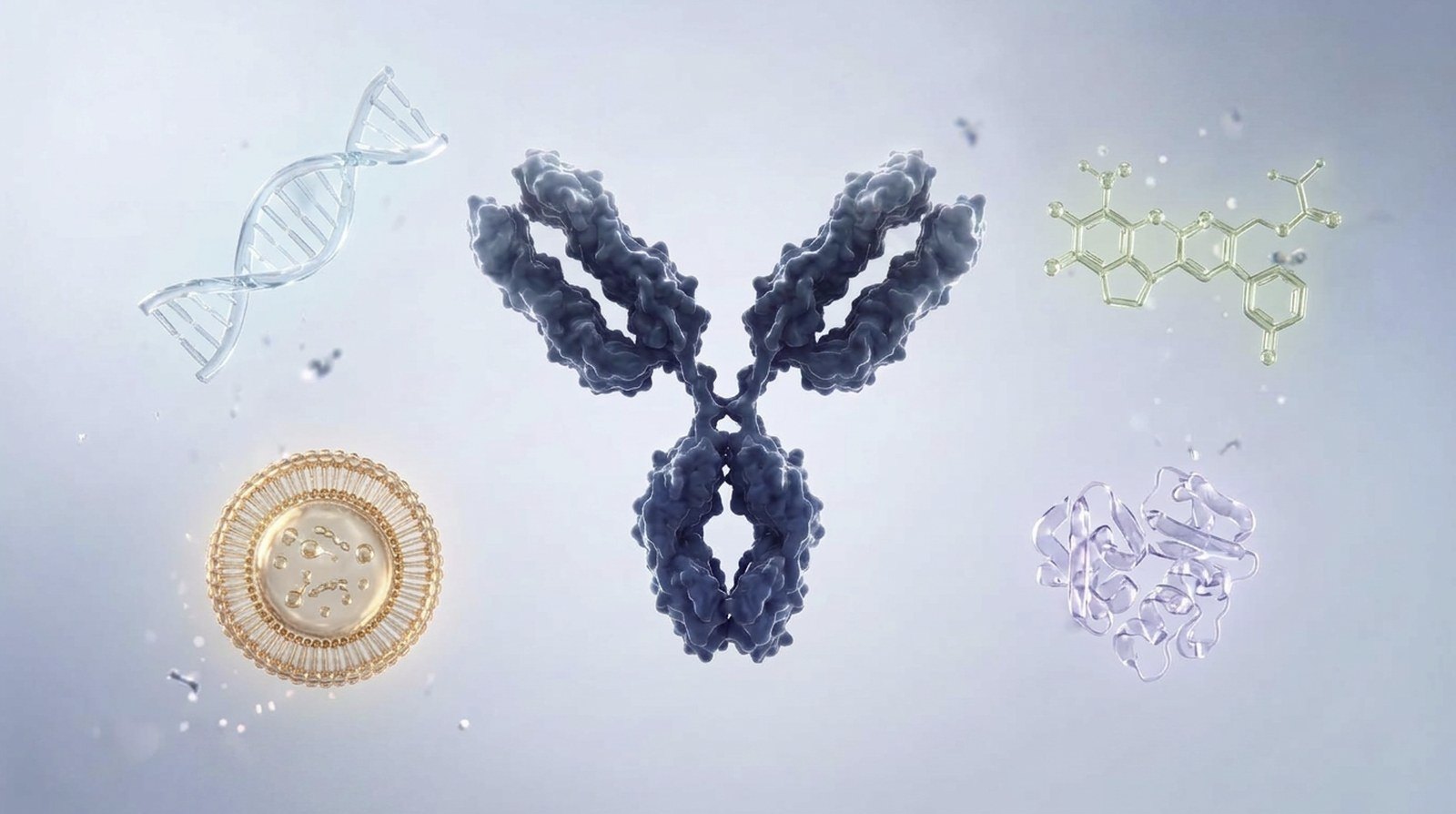 A Stealth-Body antibody surrounded by the payload classes it carries: an oligonucleotide, a small molecule, a lipid nanoparticle and a protein